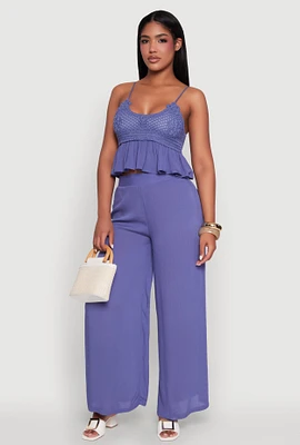 Womens Crochet Overlay Peplum Crop Top with Scoop Neck,