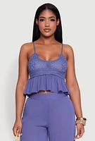 Womens Crochet Overlay Peplum Crop Top with Scoop Neck,