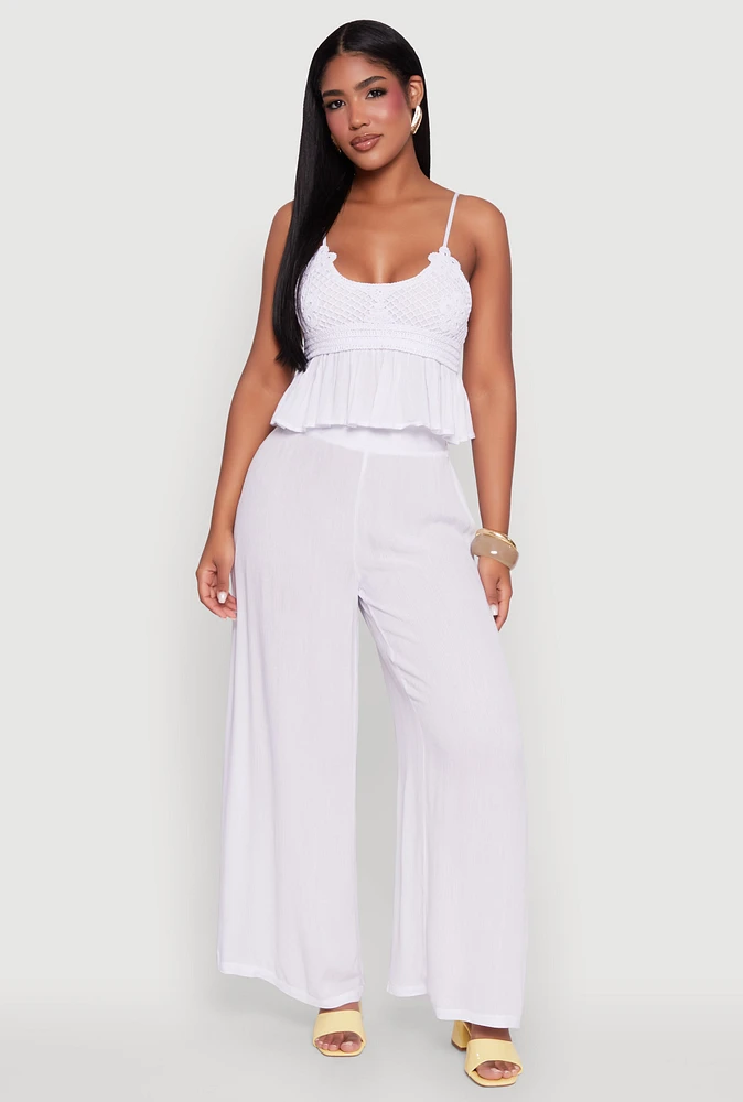 Womens Stylish Gauze Knit High Waisted Palazzo Pants, White,