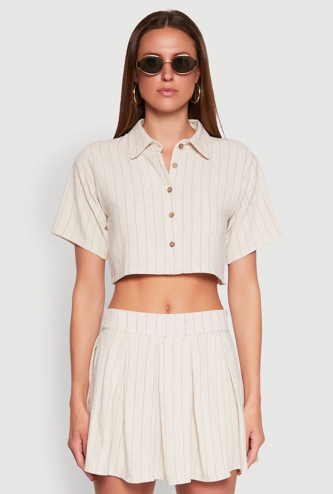 Womens Linen Cropped Shirt, Beige, Size M