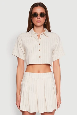 Womens Linen Cropped Shirt, Beige, Size M