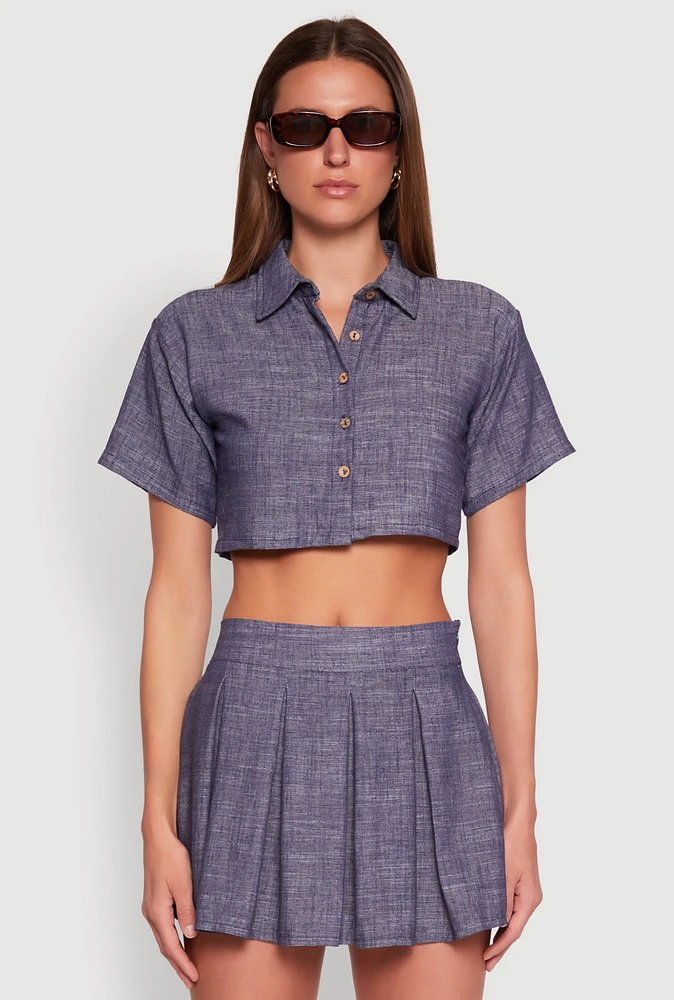 Womens Linen Cropped Shirt, Blue,