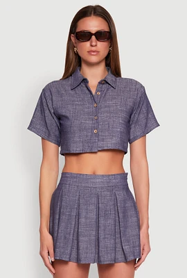 Womens Linen Cropped Shirt, Blue,