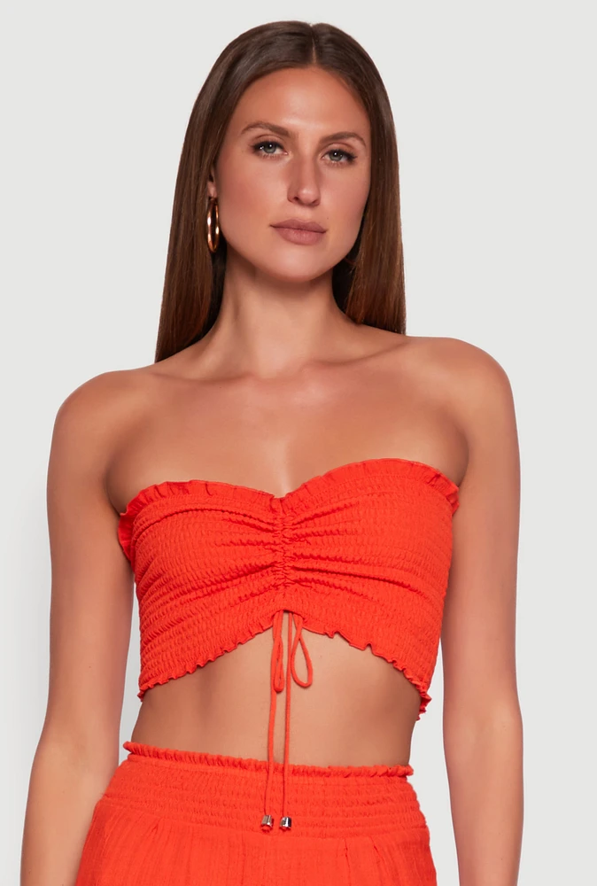 Womens Ruched Sweetheart Smocked Tube Top, Orange, Size M