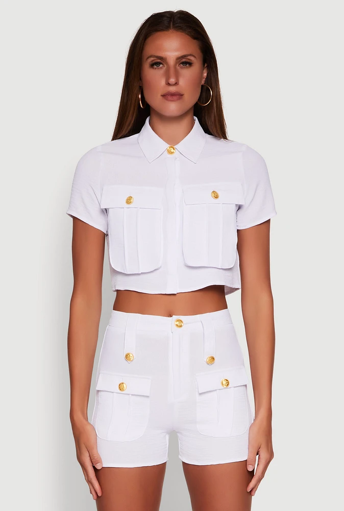Womens Airy Cargo Pocket Button Front Shirt, White, Size M