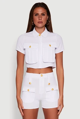 Womens Airy Cargo Pocket Button Front Shirt, White, Size M