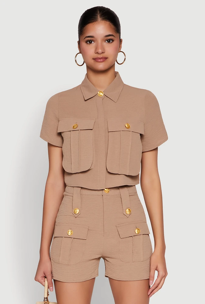 Womens Airy Cargo Pocket Button Front Shirt,