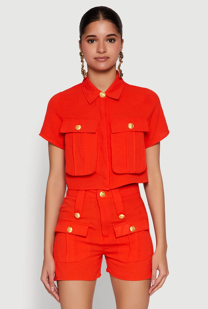 Womens Airy Cargo Pocket Button Front Shirt, Orange, Size L