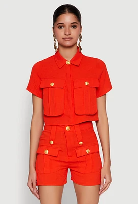 Womens Airy Cargo Pocket Button Front Shirt, Orange, Size L