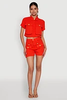 Womens Airy Cargo Pocket Button Front Shirt, Orange, Size L