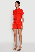Womens Airy Cargo Pocket Button Front Shirt, Orange, Size L