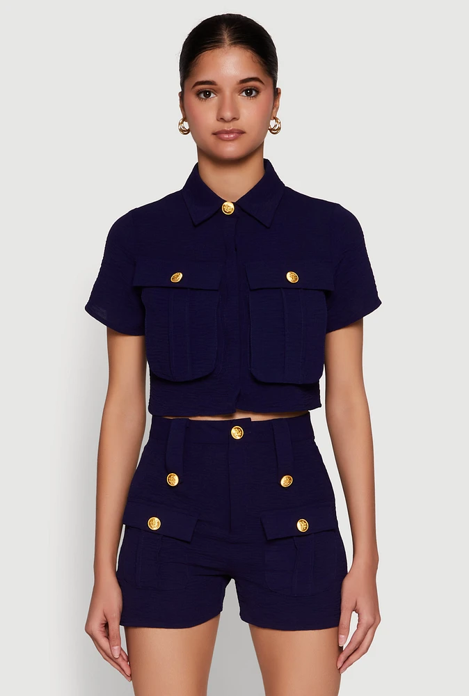 Womens Airy Cargo Pocket Button Front Shirt, Blue,