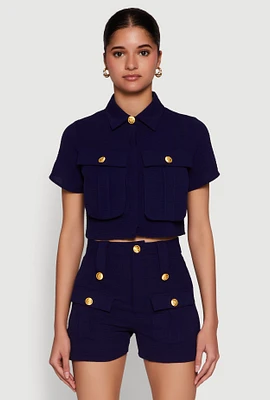 Womens Airy Cargo Pocket Button Front Shirt, Blue,