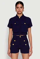 Womens Airy Cargo Pocket Button Front Shirt, Blue,
