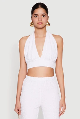 Womens Bubble Knit Tie Back Halter Top, White, Size S