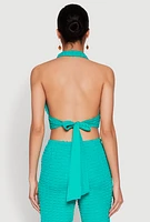 Womens Bubble Knit Tie Back Halter Top, Green,