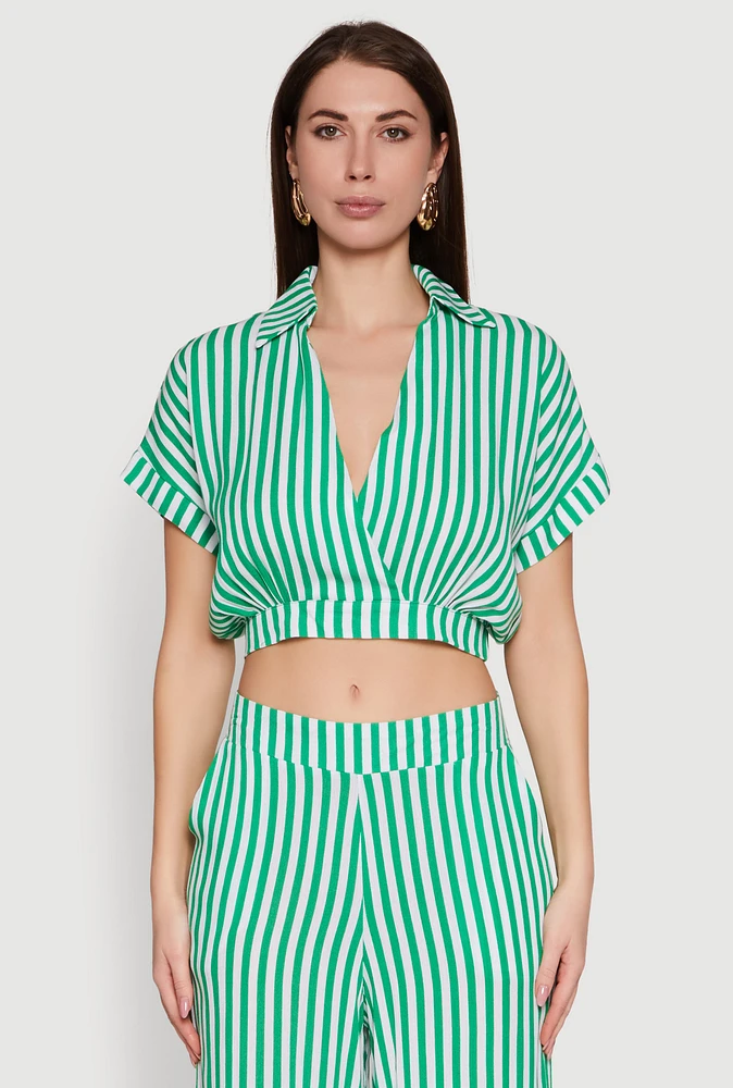 Womens Faux Wrap Striped Crop Top, Green,