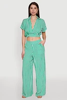 Womens Faux Wrap Striped Crop Top, Green,