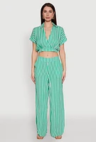 Womens Faux Wrap Striped Crop Top, Green,
