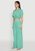 Womens Faux Wrap Striped Crop Top, Green,
