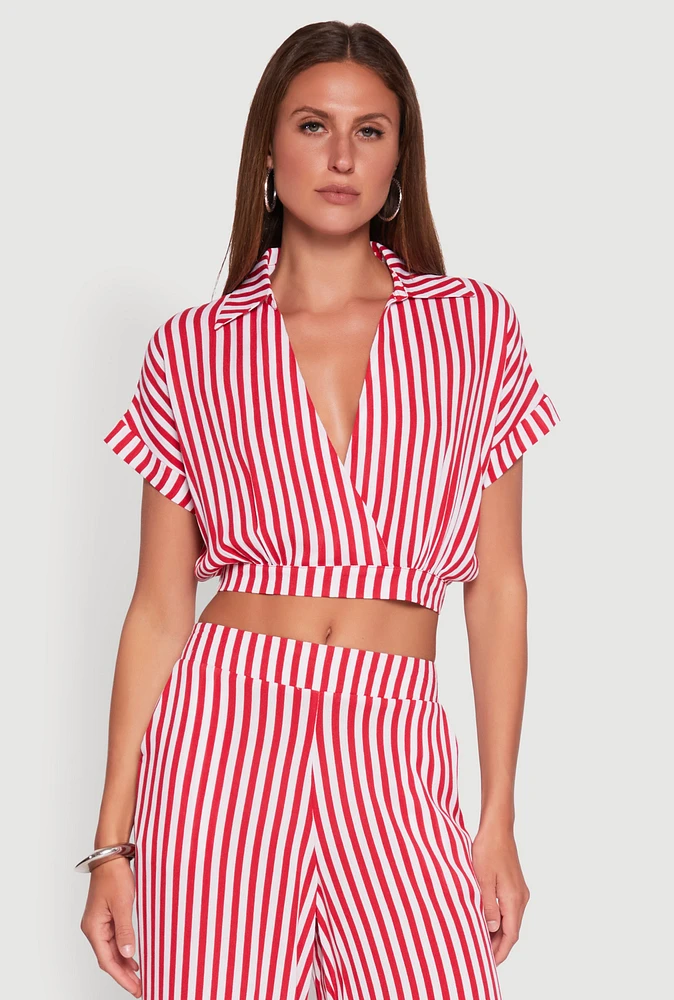 Womens Faux Wrap Striped Crop Top, Red, Size XL