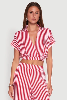 Womens Faux Wrap Striped Crop Top, Red, Size XL