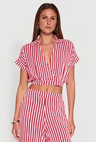 Womens Faux Wrap Striped Crop Top, Red, Size XL