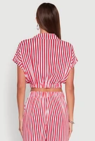 Womens Faux Wrap Striped Crop Top, Red, Size XL