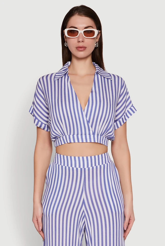 Womens Faux Wrap Striped Crop Top,