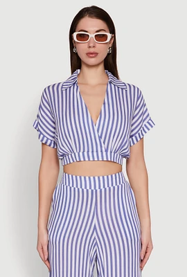 Womens Faux Wrap Striped Crop Top,