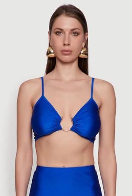 Womens Metallic O Ring Keyhole Crop Top, Blue, Size XL