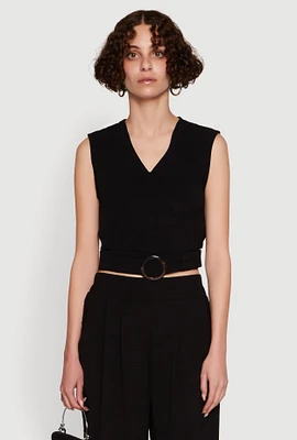 Womens Chic Crepe Knit V Neck Sleeveless Crop Top with Belted Front, Black, Size XL