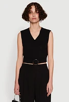 Womens Chic Crepe Knit V Neck Sleeveless Crop Top with Belted Front, Black, Size XL