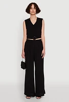 Womens Chic Crepe Knit V Neck Sleeveless Crop Top with Belted Front, Black, Size XL