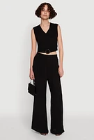 Womens Chic Crepe Knit V Neck Sleeveless Crop Top with Belted Front, Black, Size XL