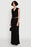 Womens Chic Crepe Knit V Neck Sleeveless Crop Top with Belted Front, Black, Size XL