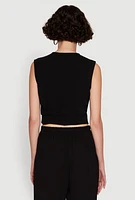 Womens Chic Crepe Knit V Neck Sleeveless Crop Top with Belted Front, Black, Size XL