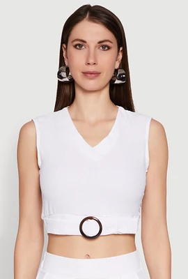 Womens Chic Crepe Knit V Neck Sleeveless Crop Top with Belted Front, White, Size M