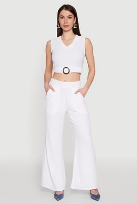 Womens Trendy Pleated Detail Crepe Knit Palazzo Pants, White,