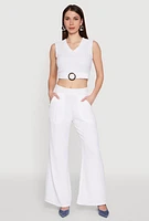 Womens Trendy Pleated Detail Crepe Knit Palazzo Pants, White,