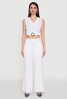 Womens Trendy Pleated Detail Crepe Knit Palazzo Pants, White,