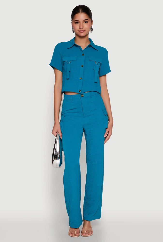 Womens Airy High Waisted Cargo Pocket Pants, Blue,
