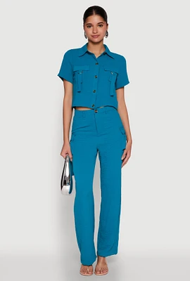 Womens Airy High Waisted Cargo Pocket Pants, Blue,