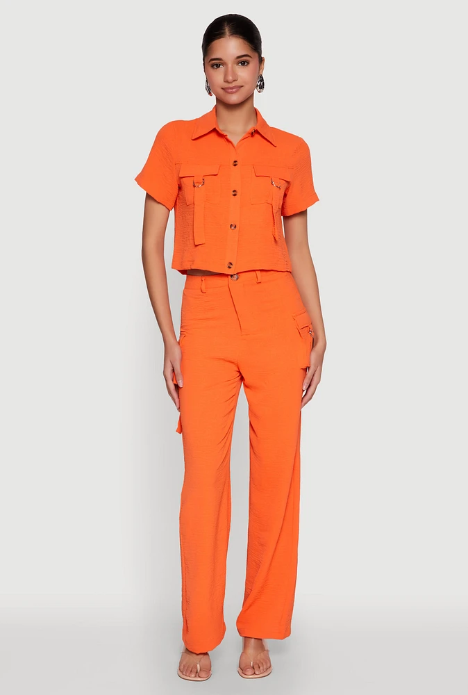 Womens Airy High Waisted Cargo Pocket Pants, Orange,