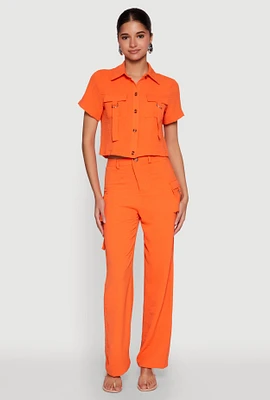 Womens Airy High Waisted Cargo Pocket Pants, Orange,