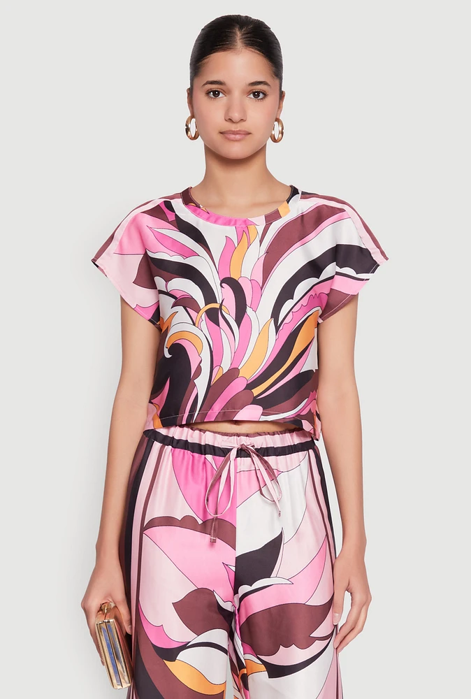 Womens Printed Cap Sleeve Satin Top, Multi, Size M