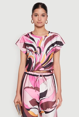 Womens Printed Cap Sleeve Satin Top, Multi, Size M