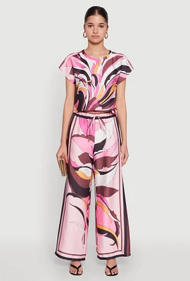 Womens Printed Wide Leg Satin Pants, Multi,