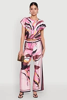 Womens Printed Wide Leg Satin Pants, Multi,