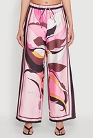 Womens Printed Wide Leg Satin Pants, Multi,